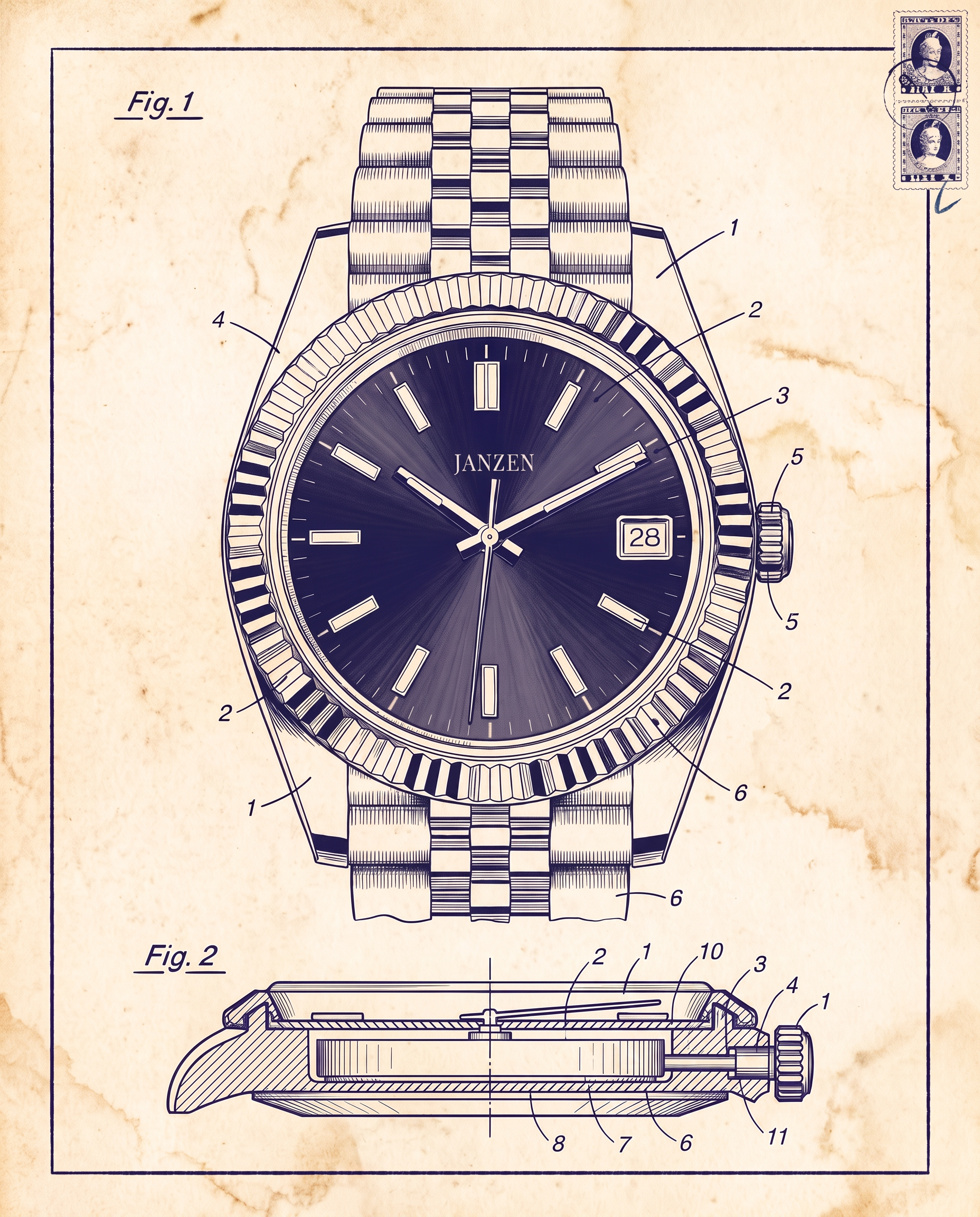 Janzen Datejust Rubinrot - Technische Patentzeichnung