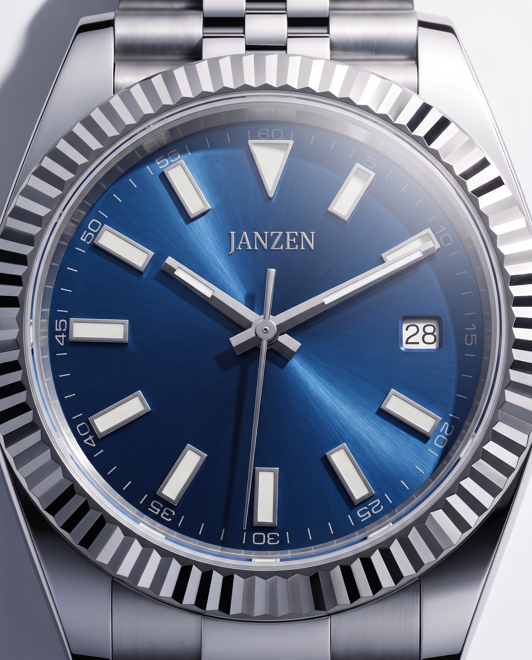 Oyster Avantgarde 40mm Blau, Zifferblatt und Luenette im Detail