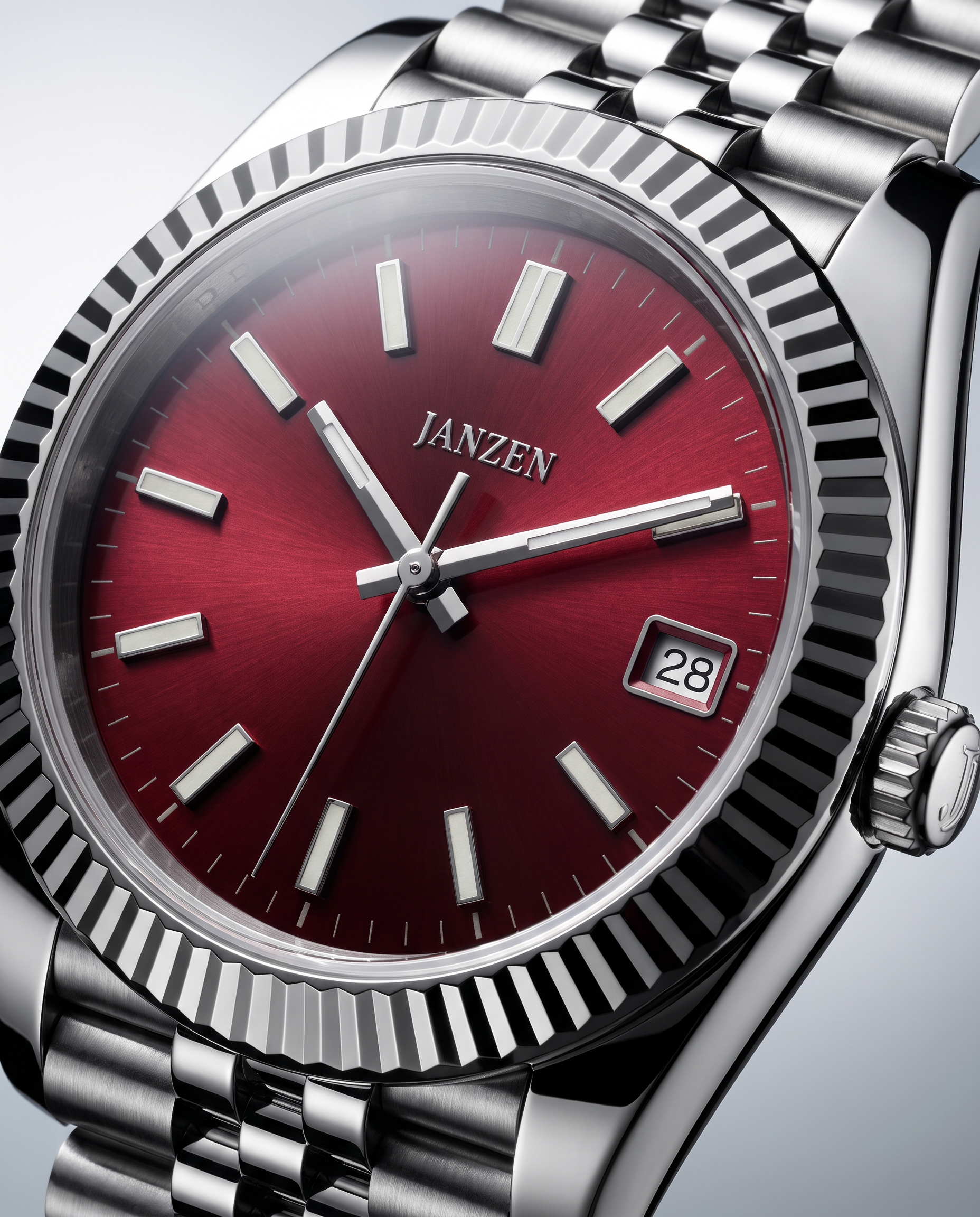 Sport 40mm Rubinrot, Zifferblatt und Luenette im Detail