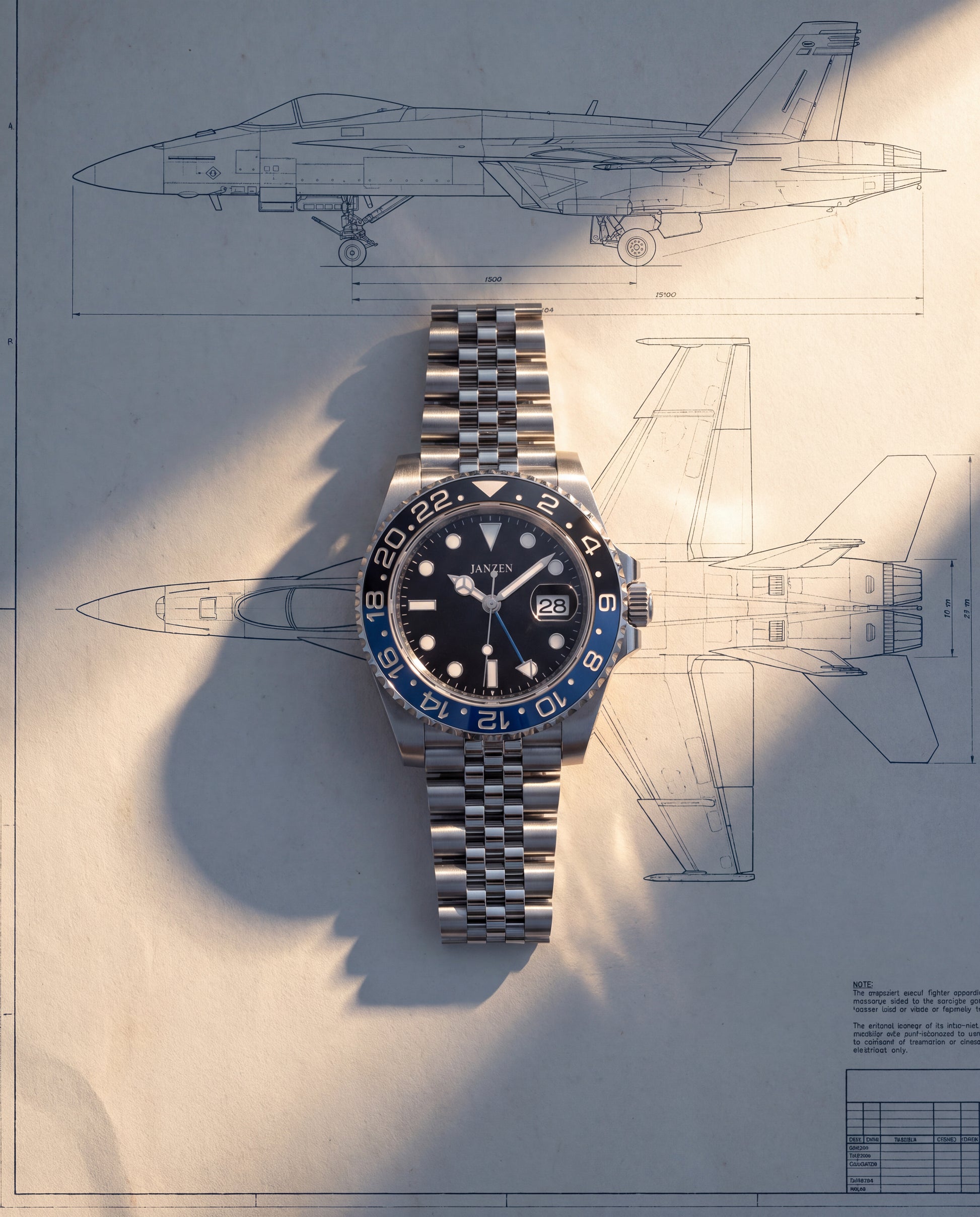 GMT International 40mm Batman — Flatlay auf Blaupause
