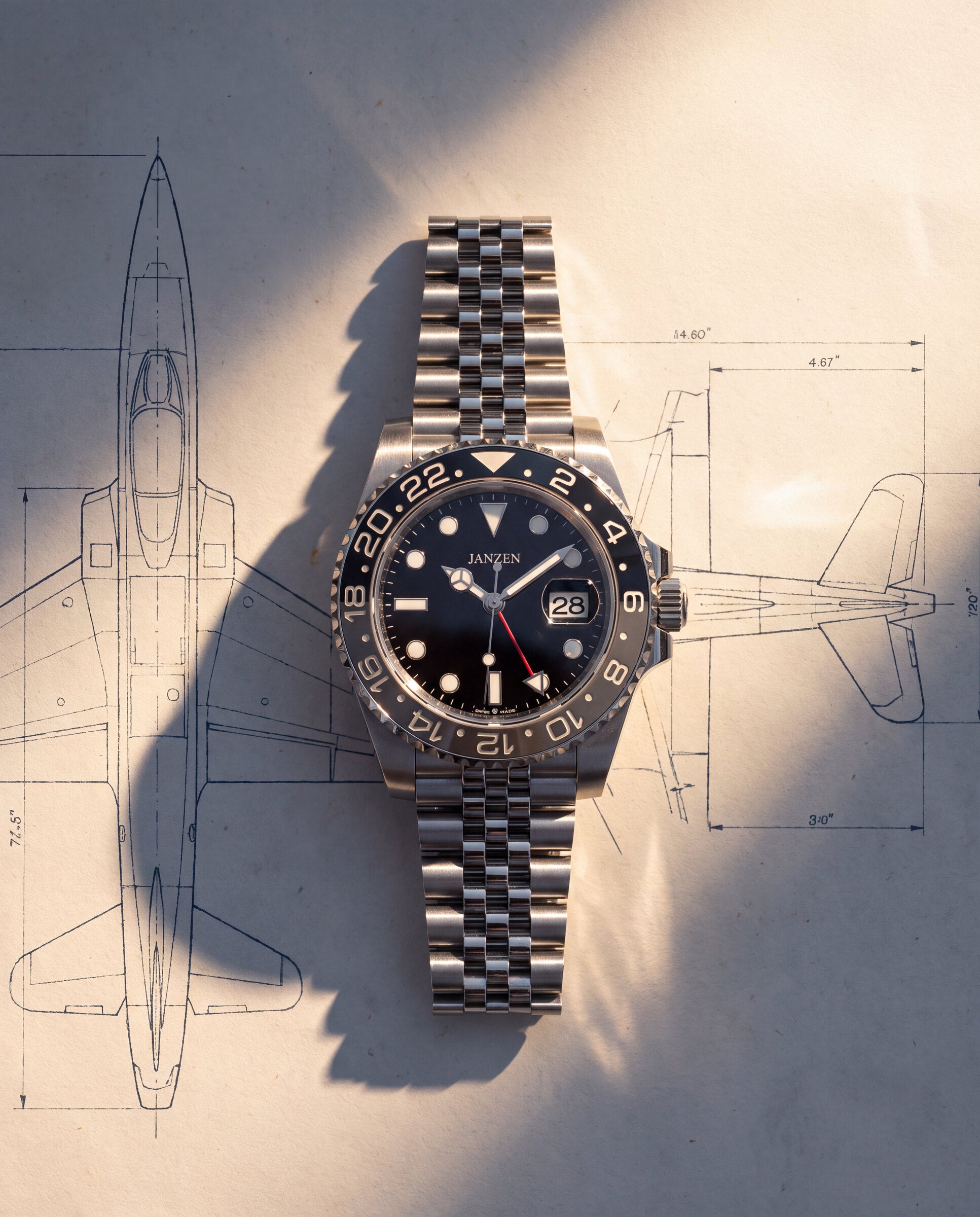 GMT International 40mm Grau — Flatlay auf Blaupause (web)