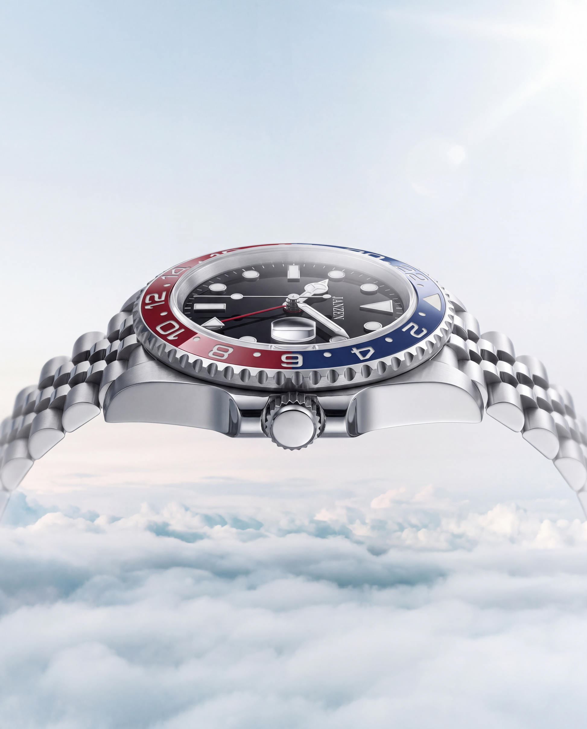 GMT International 40mm Pepsi — Gehaeuse von der Seite, ueber den Wolken